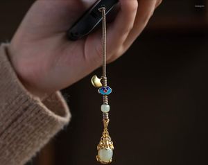 Porte-clés argent et plaqué or incrusté Hetian Jade Pixiu chaîne de téléphone portable pendentif corde hommes femmes créatif antique