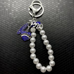 Porte-clés ZETA PHI BETA Sorority Society Strass Pendentif en métal en forme de coeur Chaîne de perles blanches Porte-clés