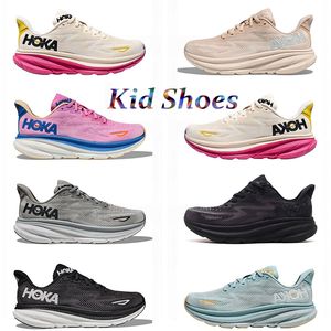 Toddler Hoka One One Clifton 9 Running Shoes in Triple Black, White, Cyclamen, Sweet Lilac, Shifting Sand for Boys and Girls, Sizes 28-35