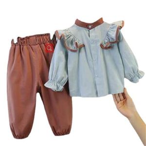 Ensemble de vêtements pour petites filles, chemisiers à nœud papillon, hauts bouffants, pantalons, costume, vêtements pour enfants, tenue douce