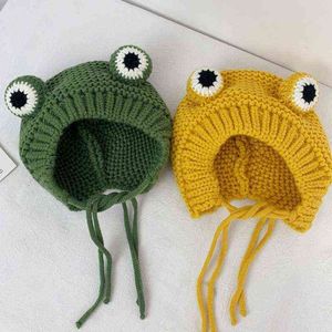 Kids Baby Winter Chunky Cable Knitted Beanie Hat Cute Cartoon Frog Shaped Warm Felpa forrada al aire libre a prueba de viento Toddler Earflap Cap Y21111