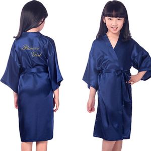 Kids Bronzing Goud Satijn Rayon Kimono Gewaad Bruidsmeisje Bloemenmeisje Effen Badjas Kinderen Bruiloft Nachtjapon Nachtkleding