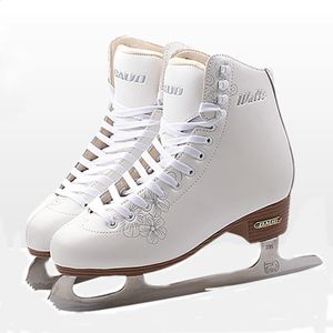 Enfants enfants professionnel en cuir véritable thermique chaud épaissir Figure patins à glace chaussures avec lame de glace PVC imperméable blanc 240127