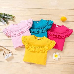 Vêtements pour enfants filles T-shirts en pur coton vierge T-shirts enfants manches à volants couleur unie Tops mode d'été version coréenne vêtements pour bébé
