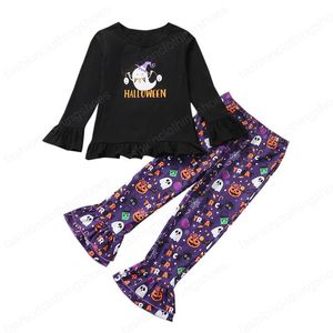 Conjuntos de ropa para niños, niñas, trajes de Halloween, niños, fantasma, manga acampanada, Tops + pantalones con estampado de calabaza, 2 unids/set, ropa de bebé de moda de primavera y otoño