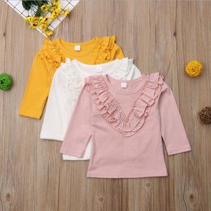 Enfants Designer Vêtements Filles Falbala À Volants T-shirts Enfants Solide Bonbons Couleur À Manches Longues Tops Bébé O Cou Belle Blouse Décontractée PY440