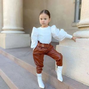 Enfants filles automne vêtements ensembles bébé bouffée à manches longues côtelés hauts en cuir PU pantalons longs ceintures enfants tenues 1-6T