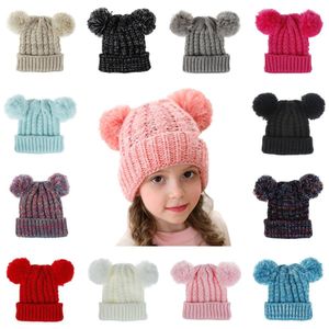 Enfants tricot crochet bonnets chapeau filles doux double boules hiver chaud tricot chapeau 13 couleurs en plein air bébé pompon ski casquettes chapeaux de fête RRA3692
