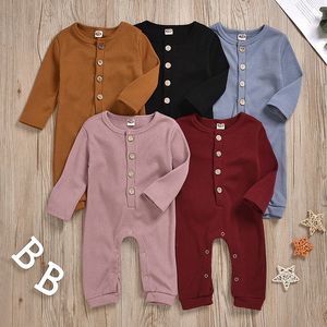 Ropa acanalada para niños Niñas Niños Mamelucos de rayas sólidas Botones para bebés recién nacidos Monos Manga larga Primavera Otoño Ropa de escalada para bebés M3662