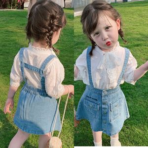 Ensemble d'été pour filles, chemise blanche en dentelle à manches courtes avec jupe à bretelles en Denim, cadeaux de vacances pour enfants, vente en gros