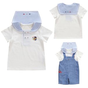 Enfants Chemises Famille À Manches Courtes Style Japonais Garçon Et Fille Dessin Animé Ours Brodé Col Marine Haut Bébé Chemise Pur Coton Blanc Sous-Vêtements 230711