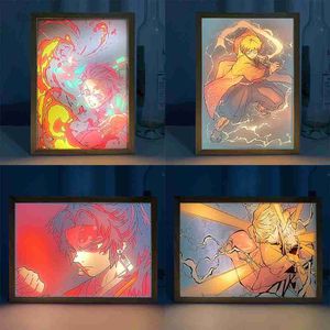 Kimetsu No Yaiba Arte Pintura Diseño 3D Luces Nocturnas LED 3 Colores Madera Foto Marco Luz Dormitorio Decoración Lámparas Anime Demon Slayer HKD230704