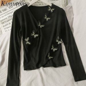 KIMUTOMO Sweet Girls T-shirts Printemps Automne Femelle Col V Three-Dimensionnel Butterfly Crossing Court Tops Corée Chic 210521