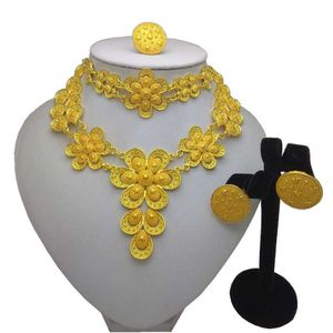 Kingdom Ma News Matrimonio africano Set di gioielli color oro per spose Collana di cristalli d'imitazione Bracciale Orecchini Set di anelli H1022