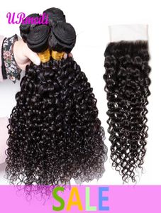 Kinky Curly Virgn Hair 34 paquetes con cierre Cabello humano virgen brasileño sin procesar con cierre dhgate Remy Curly Weave Hair 7818380