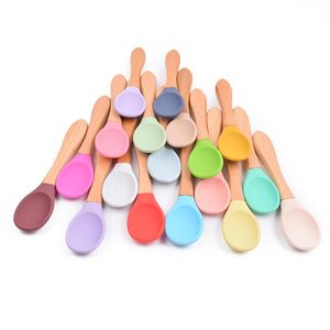 Kitchen Eco-friendly Silicone Wood Spoon Fork Children Soup Spoons Kids Wooden Handle Silicone Cake Forks Coffee Scoops Teaspoon TH0453