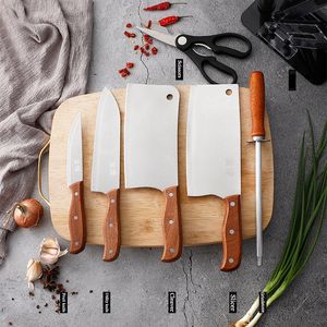 Kitchen F718 Juego de cuchillos de acero inoxidable con mango de madera, cuchillo de cocina para el hogar, juego de regalo, cuchillo de utilidad, varilla de afilado multifuncional, cuchillo de cocina