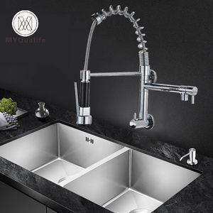 Kitchen Faucets Chrome Black Pull Down Faucet Single Cold Water Dual Swive Spout Mixer Wall Mounted 360 Rotation Bathroom Tap 231030