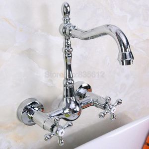 Grifos de cocina, montaje en pared cromado, grifo de baño de doble manija, lavabo de lavabo, grifo mezclador de agua fría y agua Tnf969