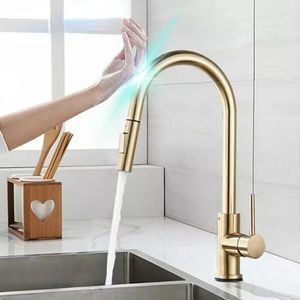 Fabricant de robinets de cuisine en acier inoxydable 304 Smart Gold Robinet d'eau Pull Down Touch Sensor