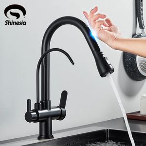 Grifos de cocina Shinesia Sensor táctil Filtro Grifo Gourmet Pull Out Pure Water Tap Dual Handle Black Fregadero Mezclador 231030