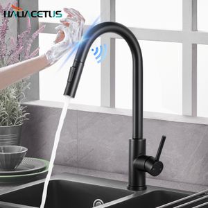 Robinets de cuisine Capteur intelligent PullOut et interrupteur d'eau froide Mitigeur Touch Spray Black Crane Sink 221203