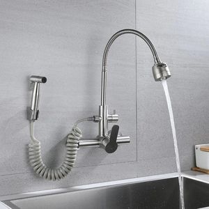 Robinets de cuisine robinet en acier inoxydable avec pavillon de douche de douche monture murale 2 modes Bubbler Stream Bubbler à eau froide mélangeur flexible