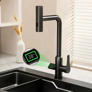 Kitchen Faucets Waterfall Temperature Digital Display Faucet Pull Out Sprayer Cold Single Hole Water Sink Mixer Wash Tap For 231019