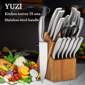 Cuchillos de cocina de acero inoxidable, 15 juegos, cuchillo rebanador de Chef, cuchillo Santoku, herramienta de pelado, tijeras, afilador con bloque