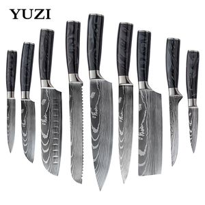 Juego de cuchillos de cocina, 1-9 piezas, patrón de Damasco, cuchillo de Chef Santoku japonés afilado, cuchillo de carnicero para cortar con mango de resina