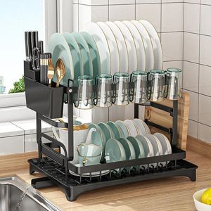 Estantes para platos de doble capa, almacenamiento de cocina, soporte organizador desmontable, estante de drenaje para cuencos, estante de secado con jaula para palillos