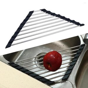 Triangle de rangement de cuisine, support de séchage de la vaisselle enroulable, pliable en acier inoxydable sur l'évier, organisateur d'angle, support d'étagère