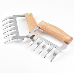 Kitchen Tools Stainless Steel Claw Wooden Handle Meat Divided Tearing Flesh Multifunction Meats Shred Pork Clamp BBQ Tool