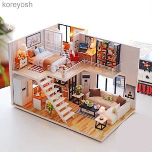 Kitchens Play Food Assemble DIY Wooden House Dollhouse kit Wooden Miniature Doll Houses Miniature Dollhouse toys With Furniture LED Lights GiftL231104