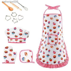 Kitchens Play Food Kids Apron Play House Toys Kitchen Cooking Baking Tool Set Chef Hat Mitt Utensil for Toddler Dress Up Chef Costume Role PlayL231027