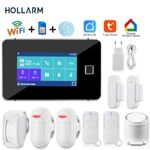 Kits HOLLARM TUYA Sistema de alarma WiFi GSM Smart Home Security Sensor inalámbrico Pantalla táctil El kit de alarma de huella digital funciona con Alexa