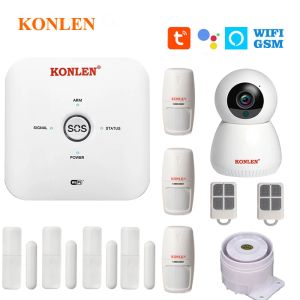 Kits KONLEN Tuya WIFI GSM Système d'alarme Capteur de porte sans fil Détecteur de fumée Caméra IP Google Alexa Smart Life App pour la sécurité de la maison