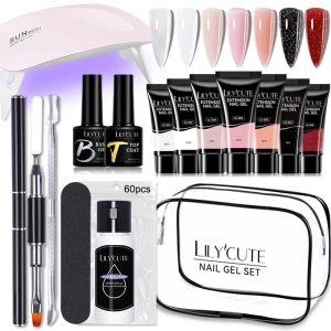 Kits Lilycute Extension Gel Nail Gel Set 6W LAMPLE LED FULL MANICURE KIT GLITTER COULE