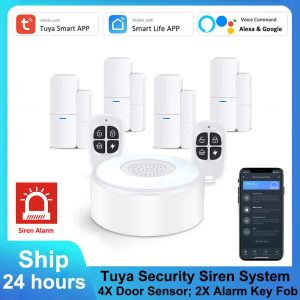 Kits Tuya Smart WiFi+RF Hub Sistema de alarma de sirena ajustable Alexa Google Conjunto de comandos Conjunto de comandos Aplicación Control Sensor de puerta Fob DPK1