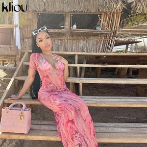 Kliou Mesh Deux Pièces Ensemble Femmes Été Sexy Col En V Voir À Travers Halter Crop Top Soutien-Gorge + Maxi Robe Costume Assorti Beachwear Pas De Culotte 220302