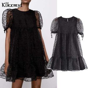Klkxmyt za vestido de verano mujeres vintage organza negro mini con forro femenino chic manga corta casual vestidos sueltos 210527