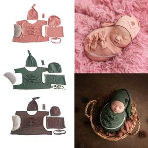 Klv 1set Bébé Soft Wrap Top Noeud Chapeau Bandeau Oreiller Nouveau-Né Photo Props Infant Shooting Outfits Costume Set pour Garçons Filles Cadeau G1023