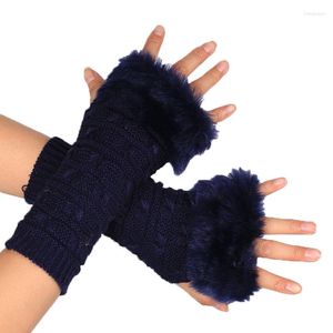 Genouillères d'hiver demi-griffes pour étudiants, manches de bras chaudes, mitaines tricotées sans doigts à rayures de couleur unie