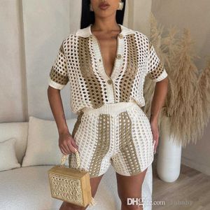 Tricot Côtelé Crochet Patchwork Survêtement Femmes 2023 Chic D'été Deux 2 Pièces Ensemble Tenue Sexy Évider À Manches Courtes Chemise Pull Et Shorts Costume Ensembles