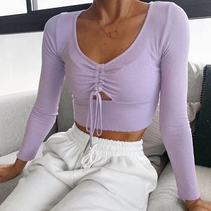 Tops cortos morados de manga larga de punto para mujer, tops sexys de corte frontal fruncidos informales ajustados para otoño e invierno, blusas negras, tops 210415