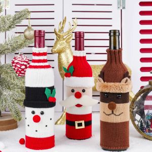 Conjunto de vino de punto de Papá Noel, muñeco de nieve, ciervo, cubierta de botella de vino de Navidad de dibujos animados, decoración de mesa de cena de Feliz Navidad, adornos de Navidad 1113