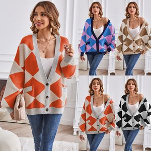 Suéteres Con cuello en V Patchwork geométrico Color Contraste Cárdigan de punto Tops a cuadros de punto Manga larga Estampado Ropa de mujer Jumper PU Codo Patchwork Suéter de talla grande