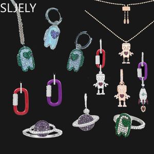 Nudo SLJELY Moda S925 Plata Esterlina Mono Púrpura Planeta Cactus Robot Pendiente Collar Anillo Mujeres Marca de Lujo Mónaco Regalo de Joyería