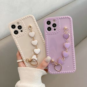 Corée 3D Amour Coeur Bracelet En Métal Poignet Chaîne Téléphone Cas pour iPhone 13 12 11 Pro Max XR 7 8 Plus Souple TPU Couverture