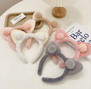 Corea Oreja de gato con bola Banda para el cabello Nuevo invierno Mujer Lavado de cara Cabeza Aro Dibujos animados Faux Fur Hairband Niñas Ropa para la cabeza Regalos Bebé niños Maternidad Accesorios para el cabello